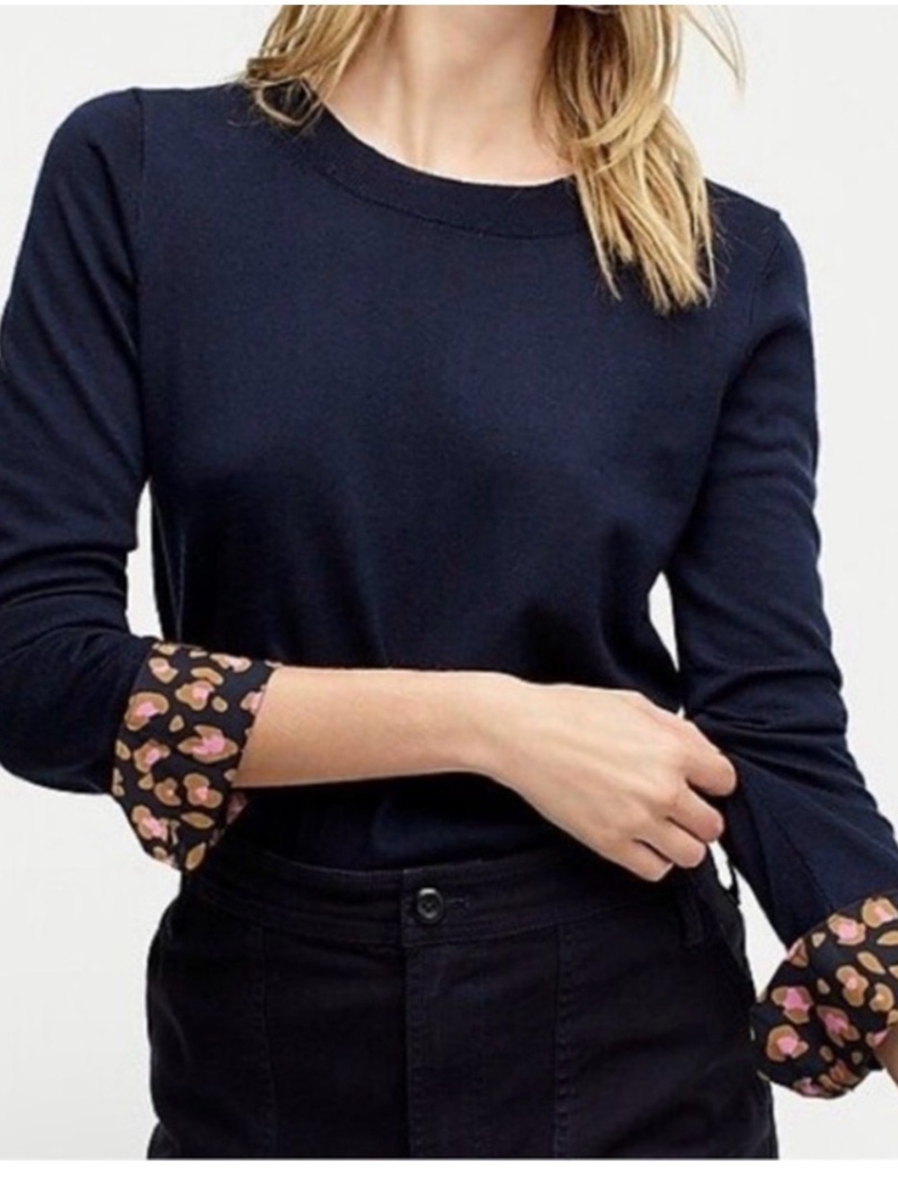 J. Crew Navy Long-Sleeve Crewneck with Printed leopard Cuff Detail